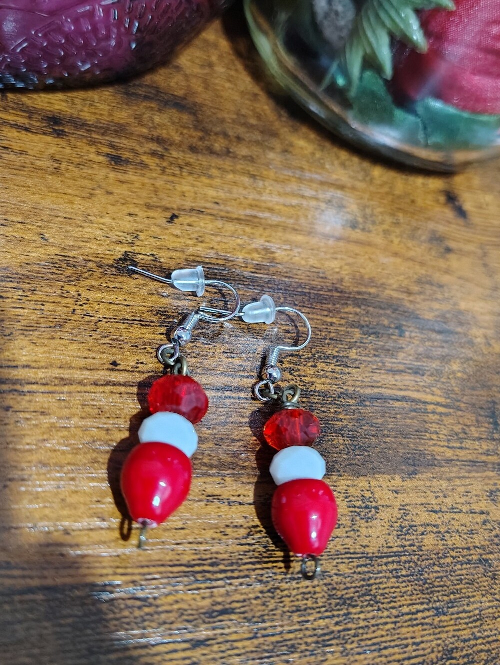 Red and White Beaded Dangle Earrings,  Handmade Ladies Earrings